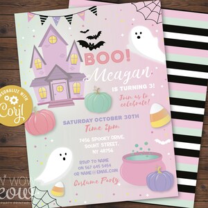 Kid&#39;s Halloween Invitations Birthday Costume Photo Children&#39;s Party Invite Printable Pastel Pink DOWNLOAD Bats Pumpkin Personalized WCHA087