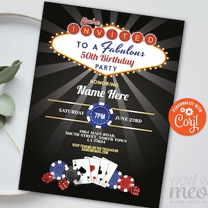 Invito di compleanno del casinò Qualsiasi età INSTANT DOWNLOAD Las Vegas Cards Dadi Party Chips Jack Personalizza Womens Mens Editable Printable WCBA006