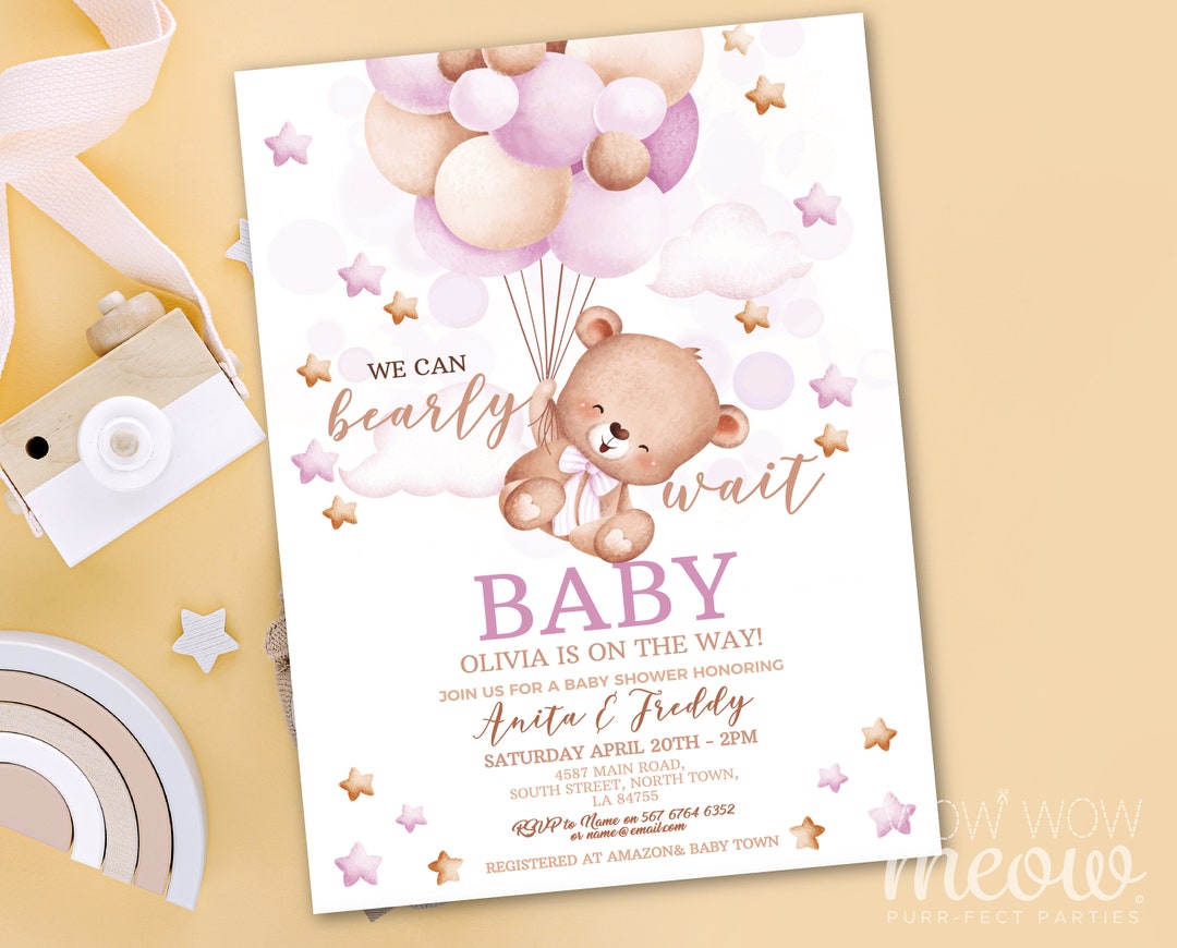 Teddy Bear Girl Baby Shower Invitation Pink Boho Invites Balloons ...