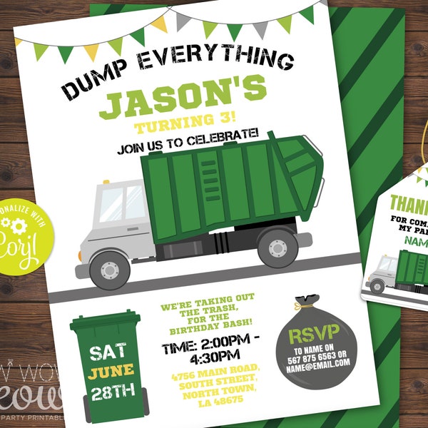 Dump Truck Birthday INVITATION Party Rubbish Trash Recycling Invite INSTANT DOWNLOAD Personalize Trucks Editable Printable WCBK408