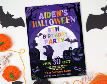 May include: A Halloween-themed invitation with the text "Aiden's Halloween 8th Birthday Party." The design features a full moon, bats, pumpkins, a zombie hand, and a tombstone. The invitation includes the date, time, and address for the costume party.