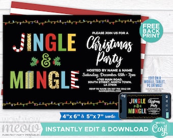 Könnte beinhalten: Eine schwarze Weihnachtsparty-Einladung mit den Worten "Jingle & Mingle" in farbigem Text. Die Einladung enthält Details für die Party, wie Datum, Uhrzeit und Ort. Die Einladung ist in den Größen 10,16 cm x 15,24 cm und 12,7 cm x 17,78 cm erhältlich.