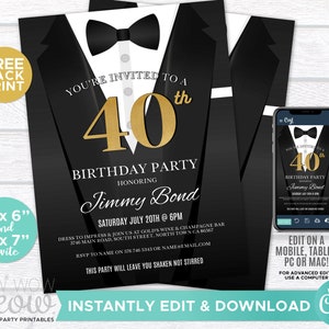 40th Birthday Invite Invitation FORTY Black Tie Secret Agent Spy Party INSTANT DOWNLOAD Editable Bond Tuxedo Personalize Printable WCBA033