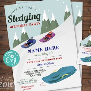 Sledging Invitation Birthday Party Sledge Winter Snow INSTANT DOWNLOAD Invite Dry Slope Girls Boys Ski Tube Snowboard Printable WCBK410
