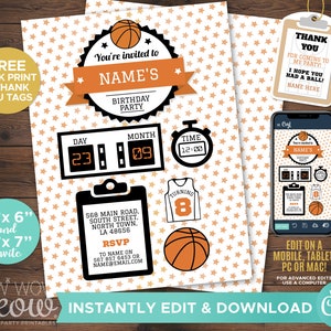 May include: Basketball birthday party invitation with a star pattern in orange and white. Includes invitation details, RSVP information, and thank you tags. Features a basketball graphic and the text "You're invited to NAME'S BIRTHDAY PARTY."