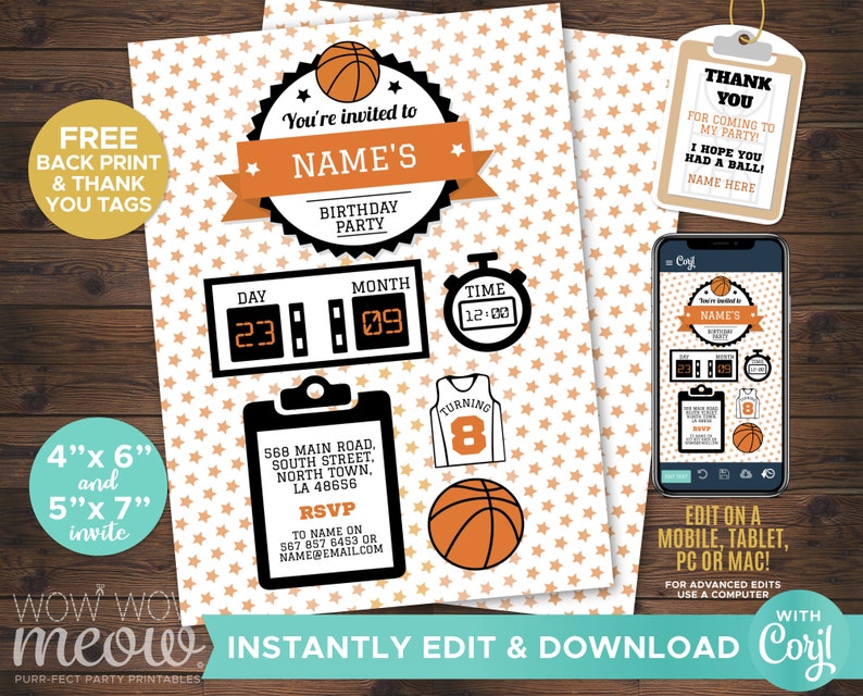 May include: Basketball birthday party invitation with a star pattern in orange and white. Includes invitation details, RSVP information, and thank you tags. Features a basketball graphic and the text "You're invited to NAME'S BIRTHDAY PARTY."
