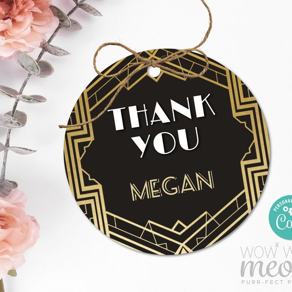 Art Deco Party Thank You Tags Birthday Roaring 20s Gatsby Gold Black Tags Edit Favour Cards Label Download Editable Printable WCBA091