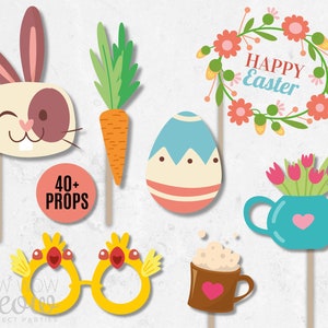 May include: A set of 40+ Easter-themed photo booth props. The props include a bunny mask, a carrot, an Easter egg, a flower wreath, a teapot with flowers, a pair of chicken glasses, and a mug with foam.