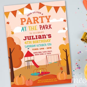 May include: A party invitation with a park theme. The invitation features text that reads "Join us for a Party at the Park to celebrate Julian's 4th Birthday". The design includes illustrations of a playground, pumpkins, and autumn leaves.