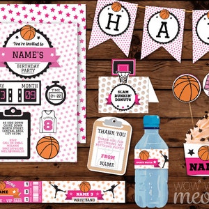 Pink Basketball Birthday Girl's Party Package Invitations & Decorations Full Printable Collection INSTANT Download Editable Text Personalize