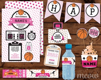 Pink Basketball Birthday Girl's Party Package Invitations & Decorations Full Printable Collection INSTANT Download Editable Text Personalize