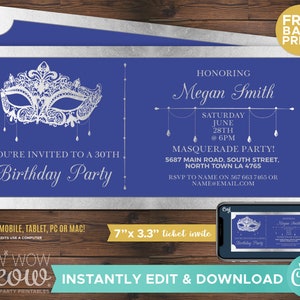 MASQUERADE Birthday Party Ticket Invitation Silver Mask Invite Elegant Blue INSTANT DOWNLOAD Tickets Any Age Editable Printable WCBA041s