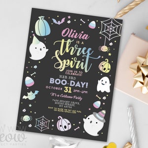 EDITABLE Three Spirit Halloween Birthday Invitations Spooky Cute 3rd Costume Children&#39;s Party Invite Pink Bats Pumpkin Personalized WCHA124