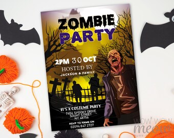 May include: A Halloween party invitation with the words "ZOMBIE PARTY" in black and purple. The invitation features a zombie illustration, silhouettes, and the text "2PM 30 OCT" and "IT'S A COSTUME PARTY". Decorative bats and pumpkins surround the invitation.