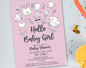 Hello Baby Shower Invitation Pink Girl Gender Reveal Teddy Boho Invites Balloons Neutral INSTANT DOWNLOAD Bohemian Party Couples WCBS155p