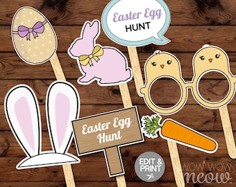 Easter Photo Props 50 Items + Sign INSTANT DOWNLOAD Egg Hunt Buny Chicks Selfie Rabbit Arrow Party Pink Display Take Snaps Printable Booth