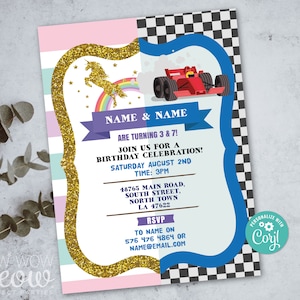 Unicorn and Racing Car Birthday Invitations Girl & Boy Joint Shared INSTANT DOWNLOAD Sports Printable Party Personalize Editable WCBA482