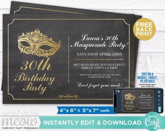 MASQUERADE Party Gold Mask Invitation Elegant Birthday Invite Chalk Board 30th 40th 50th  Any Age INSTANT DOWNLOAD Editable rintable WCBA070