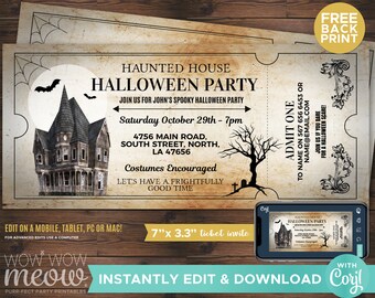 Halloween Invitations Haunted House Tickets Invites Party Printable INSTANT DOWNLOAD Bat Spooky Scare Personalized Editable Edit WCHA015