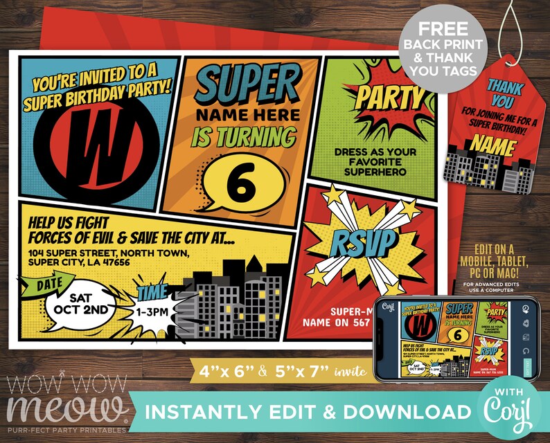 Super Hero Invitations INSTANT DOWNLOAD Superhero Invites Etsy