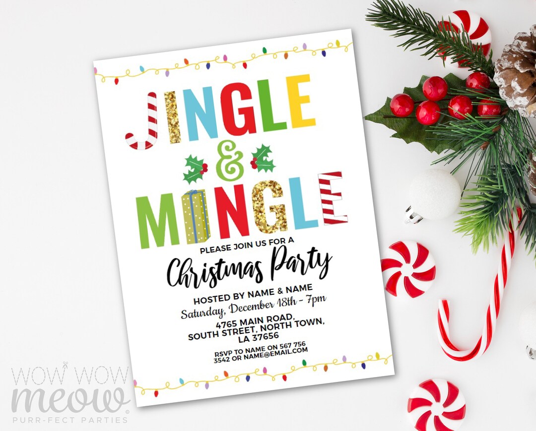 Jingle &amp; Mingle Christmas Party Invitations Invites Festive Xmas Holly ...