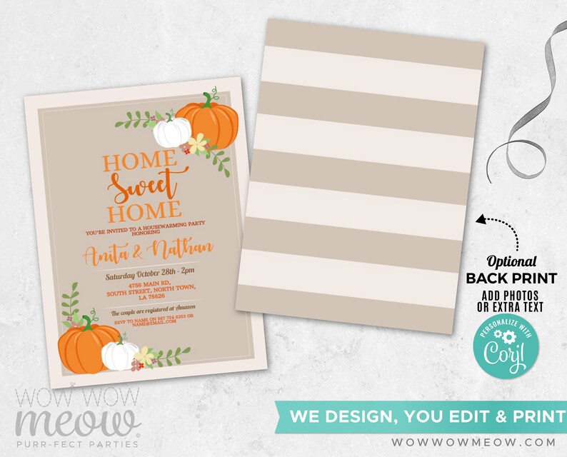 May include: A housewarming party invitation with a beige background, featuring orange and white pumpkins, and the text "Home Sweet Home." The invitation includes the names Anita & Nathan, date, time, and address.