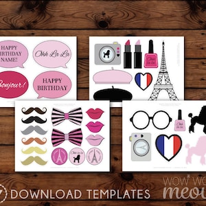 PARIS Photo Props INSTANT DOWNLOAD Birthday Party Fun Display Take Snaps Moustache Printable Games Booth Bowtie French Beret Hat Tash Booth image 4