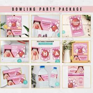 Bowling Birthday Pink Bundle EDITABLE Invites Girls Invitations Package Download Children's Party WCBK553 image 2