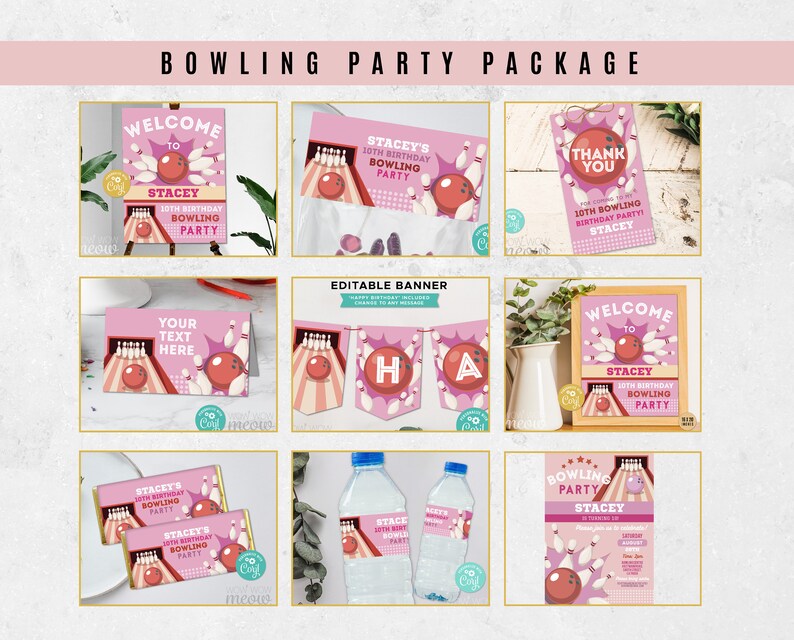 Bowling Birthday Pink Bundle EDITABLE Invites Girls Invitations Package Download Children's Party WCBK553 image 2