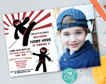 Ninja Birthday Invitation Photo Warrior Red INSTANT DOWNLOAD Karate Nunchucks Invite Boys Girls Party Editable Personalize Printable WCBK217