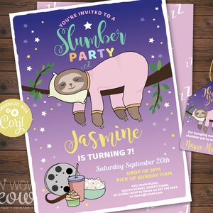 Slumber Party Sloth Girls Movie Night Invitation Sleepover Birthday Pink INSTANT DOWNLOAD Popcorn Pink Invite Editable Printable WCBK365