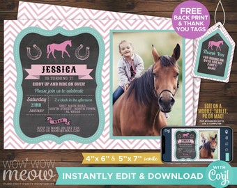 Horse INVITE Photo Birthday Party Invitation Pink INSTANT DOWNLOAD Pony Horseback Riding Chalk Girls Personalize Editable Printable WCBK077