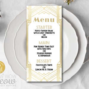 Art Deco Menu Dinner 1920s Gatsby White Gold Template Package INSTANT DOWNLOAD Birthday Matching Printable Personalize Editable WCBA091