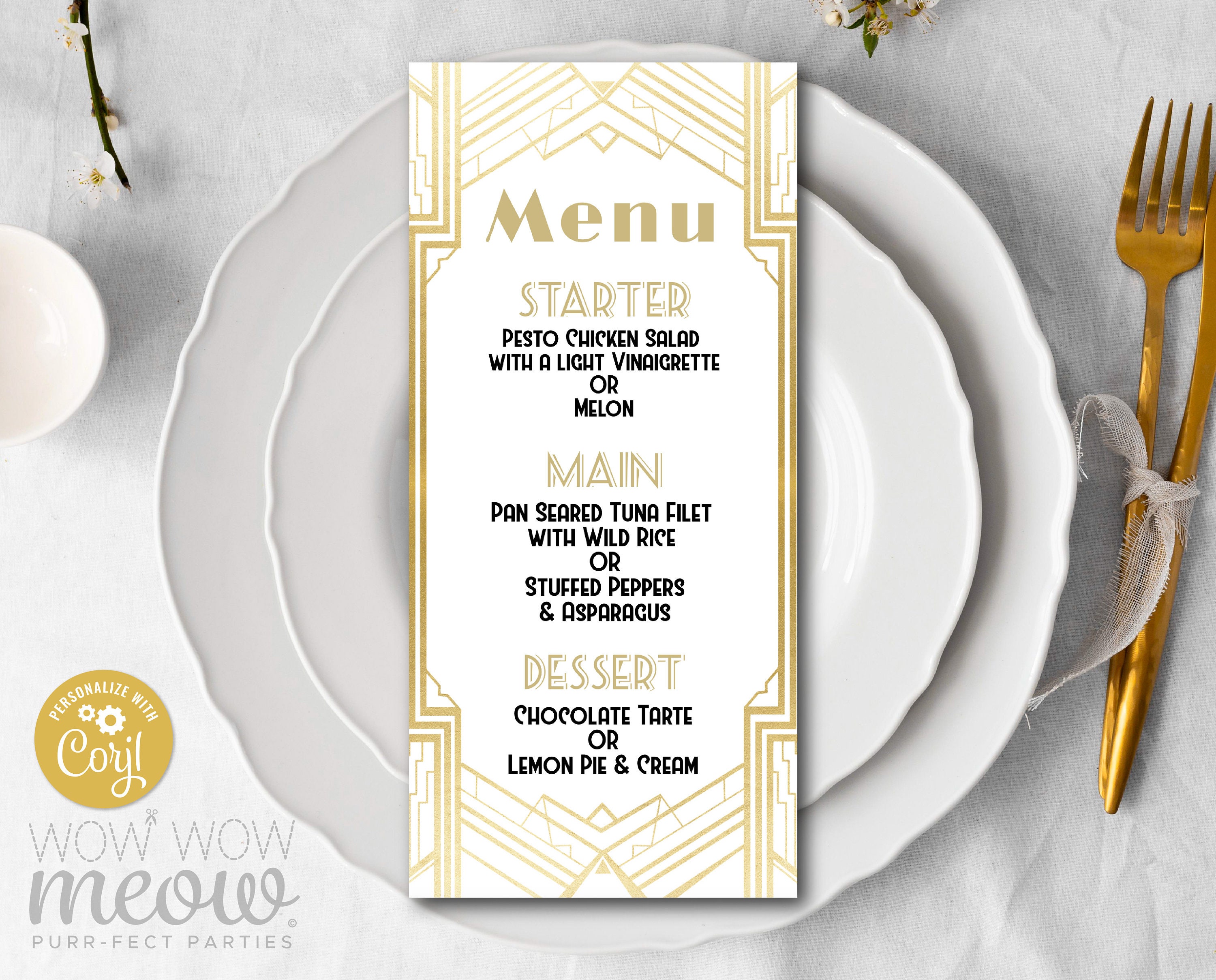 Art Deco Menu Dinner 1920s Gatsby White Gold Template Package INSTANT ...