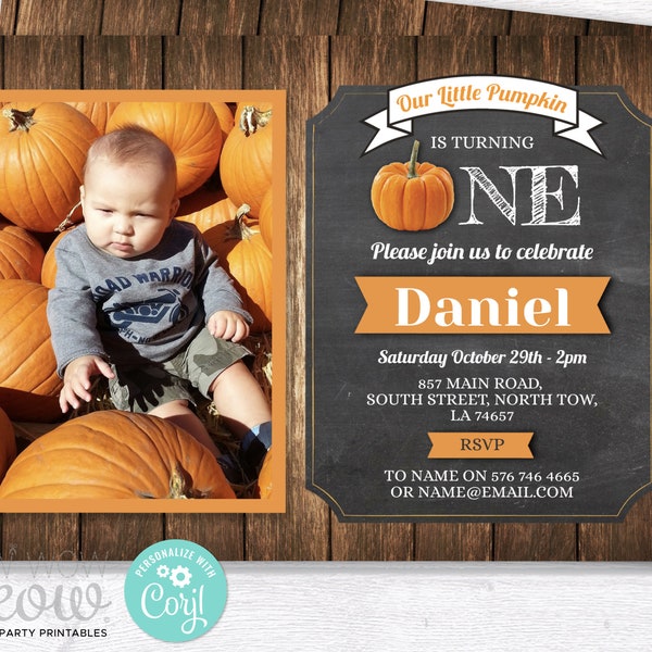 Pumpkin First Invites 1st Birthday One Girl's Boy's Invitation Fall First Photo Rustic Party Harvest INSTANT DOWNLOAD Printable Edit WCBK368