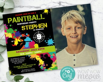 Paintball Invitations Birthday Party Invites Photo Paint Ball Girls Boys Any Age Invite INSTANT DOWNLOAD Digital Editable Printable WCBK022