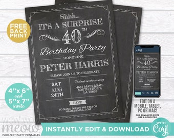 Surprise 40th Birthday Invitations FORTY Invite Chalk Party INSTANT DOWNLOAD Adult 40 Mens Womens Male Digital Printable Personalize WCBA001
