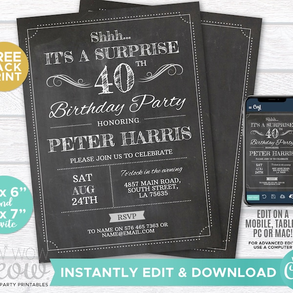 Surprise 40th Birthday Invitations FORTY Invite Chalk Party INSTANT DOWNLOAD Adult 40 Mens Womens Male Digital Printable Personalize WCBA001