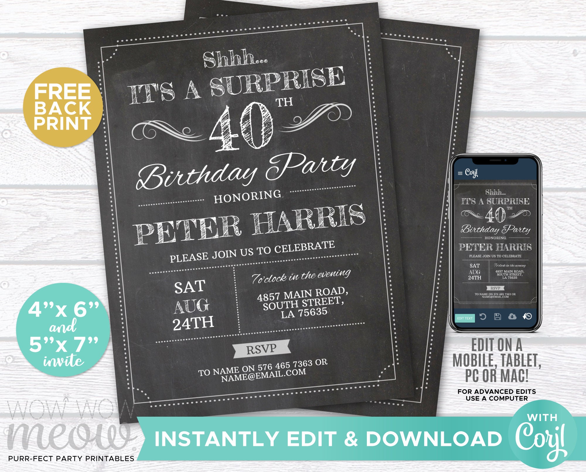 Surprise 40th Birthday Invitations FORTY Invite Chalk Party Etsy UK