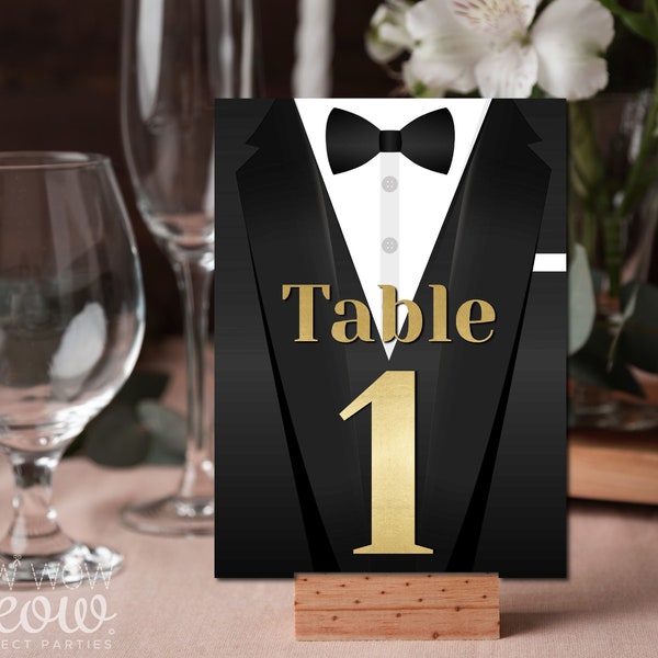 Table Numbers Event Tuxedo Black Tie Birthday 5 x 7 Black Tie Party Digital DOWNLOAD Editable Bond Ball Personalize Printable WCBA033