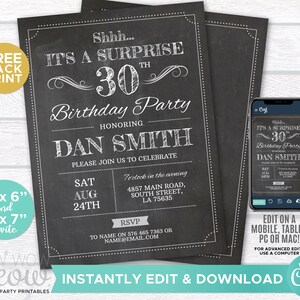 Surprise 30th Birthday Invitations THIRTY Invite Chalk Board Party INSTANT DOWNLOAD Adult 30 Mens Male Digital Printable Personalize WCBA001