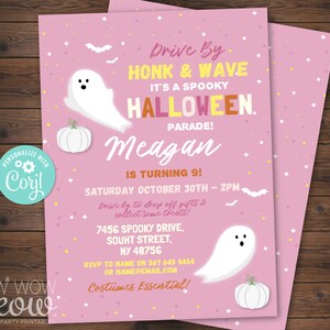 Kid&#39;s Halloween Drive By Invitations Birthday Costume Honk Wave Children&#39;s Party Invite Printable Pink DOWNLOAD Bats Personalized WCHA097