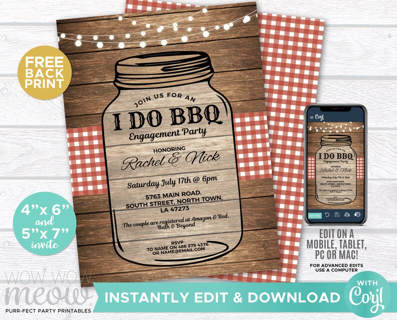I Do BBQ Invitation Mason Jar Rustic Engagement Party Invite Couple Shower Printable INSTANT Download Personalize Editable Printable WCWI026 image 2
