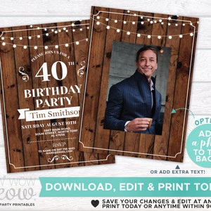 May include: A rustic wood-grain background with string lights and a white frame. The text "Please join us for a 40th Birthday Party" is in white text. The text "Tim Smithson" is in a white banner. The text "Saturday August 10th" is in white text. The text "5867 Main Road, South Street, North Town, AL 47656" is in white text. The text "RSVP to Name on 567 756 4655 Name@email.com" is in white text. The text "Optional Add a photo to the back!" is in a white circle with a black outline. The text "Or add extra text!" is in white text. The text "Download, Edit & Print Today" is in white text. The text "Save your changes & edit at any time. Print today or anytime within 90 days!" is in white text.