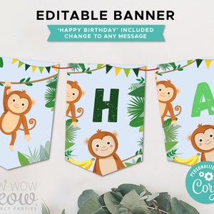 Monkey Birthday Party Banner Blue Go Bananas Editable Download Boys Girls Jungle Wild Bunting Flags Birthday Decoration Printable WCBK398
