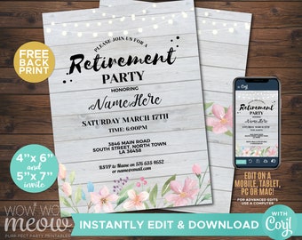 Retirement Invitations Floral Rustic Wood Retired Invites INSTANT DOWNLOAD Womens Ladies Flowers Printable Announcement Personalize WCRE041