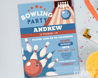 Puede incluir: Una invitación a una fiesta de bolos azul y roja para el décimo cumpleaños de Andrew. La invitación presenta una bola de bolos y bolos, con el texto "Bowling Party" y "¡Andrew cumple 10 años!" La invitación también incluye la fecha, la hora y el lugar de la fiesta.