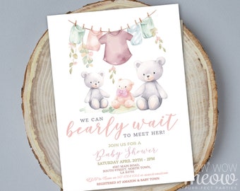 Bear Baby Shower Invitation Pink Girl Gender Reveal Teddy Boho Invites Balloons Neutral INSTANT DOWNLOAD Bohemian Party Couples WCBS153