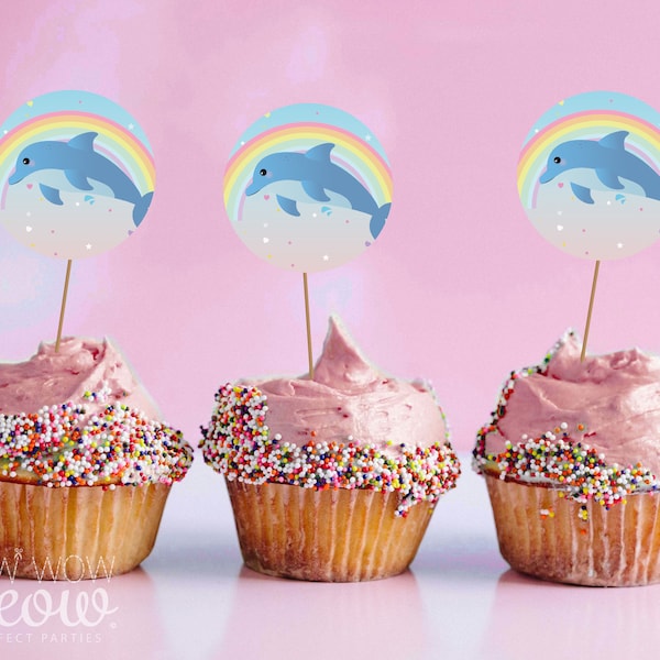 Dolphin Rainbow Cupcake Toppers Birthday Girls Cakes Sea Ocean Hearts Party INSTANT DOWNLOAD Children's Kid's Party WCBK057