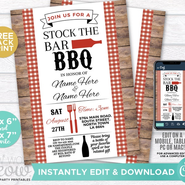 Stock The Bar BBQ Invitations Engagement Invite Couples Shower Party INSTANT DOWNLOAD Wood Red Personalize Editable Printable WCST035